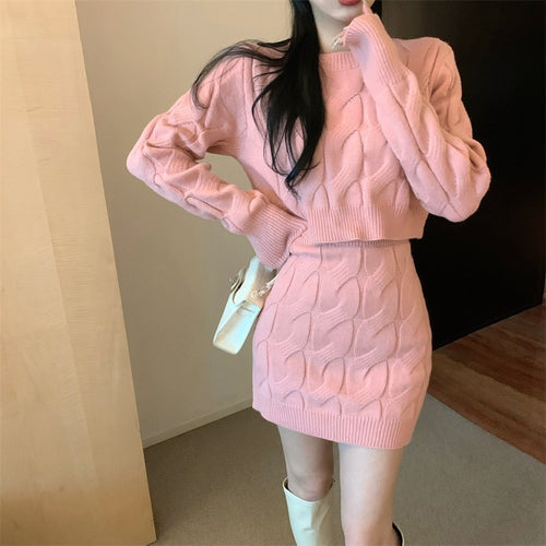 Femme Textured Knit Crop Sweater og Mini Skirt Sæt Stilla