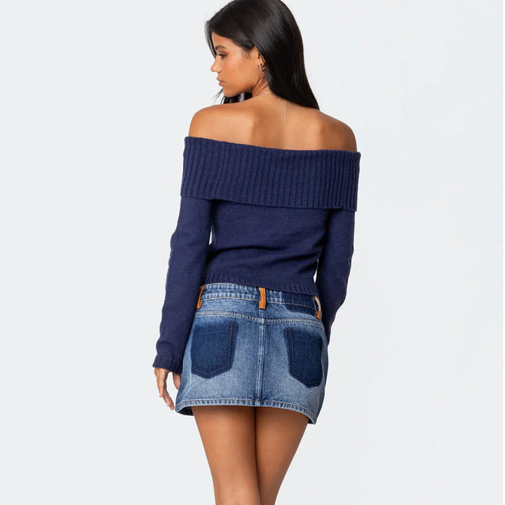 Dame Off-Shoulder Strikoverdel med ribbe-elementer og cropped snit Stilla