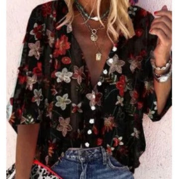 Kvindernes Gennemsigtige Bluse med Blomsterbroderi og Oversized Snit