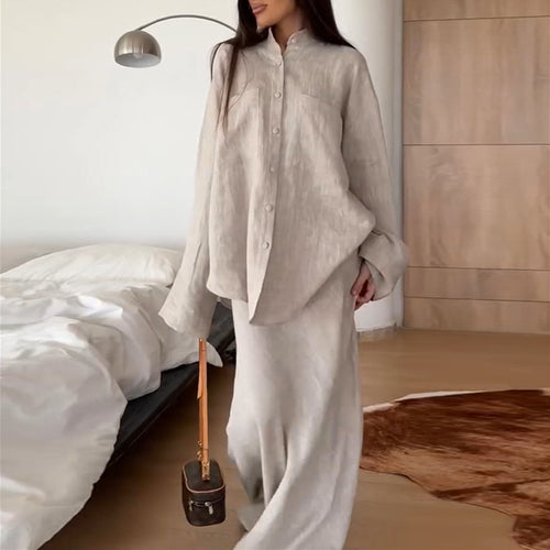 Dame linned sæt med oversized skjorte og flydende nederdel Stilla