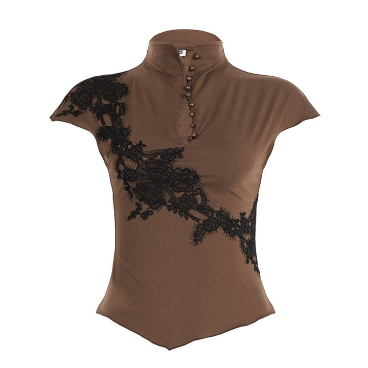 Damer Elegant Poloshirt med blondeapplikation og knapdetaljer Skovae