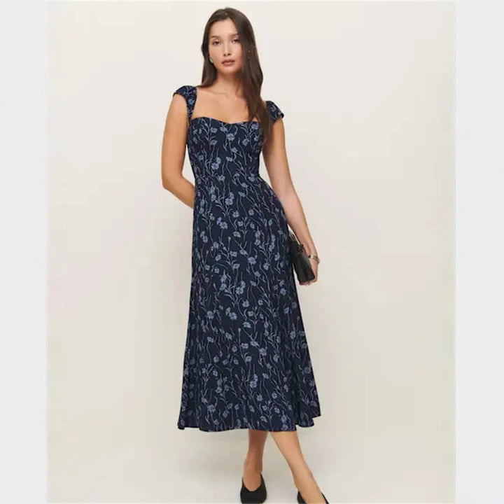 Dame Midi-kjole med elegant blomsterdesign og bandeau-udskæring Stilla