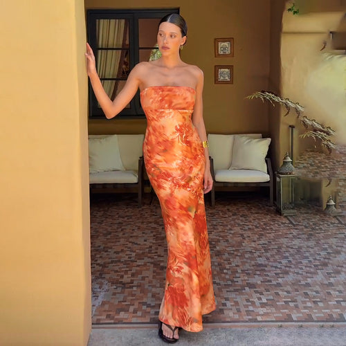 Damer elegant strapless maxikjole med blomsterdesign og tætsiddende snit