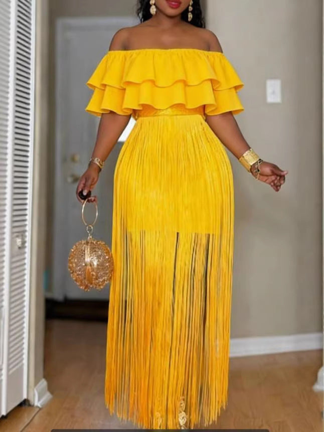 Dame Elegant Off-Shoulder Kjole med voluminøs Flæsekant og frynset Design Skovae