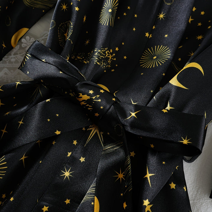 Femme Celestial Satin Nattøj Sæt med Kimono Morgenkåbe Stilla