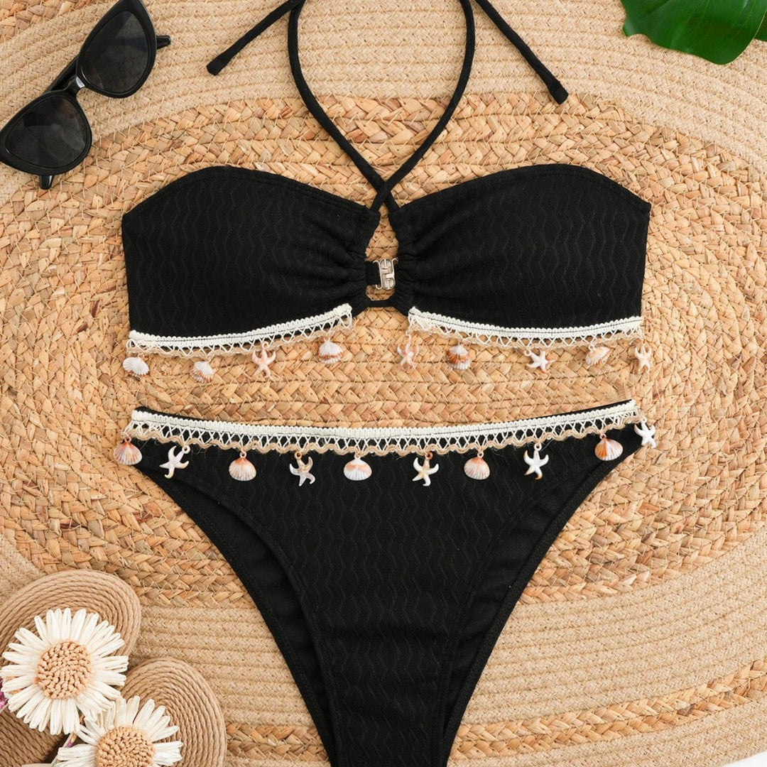 Dame Bikini-sæt med elegant bånd og detaljerede muslingedekorationer Skovae