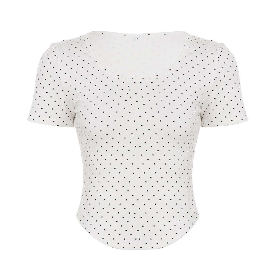 Dame Polka-Dot Shirt med rund halsudskæring og tætsiddende pasform Skovae