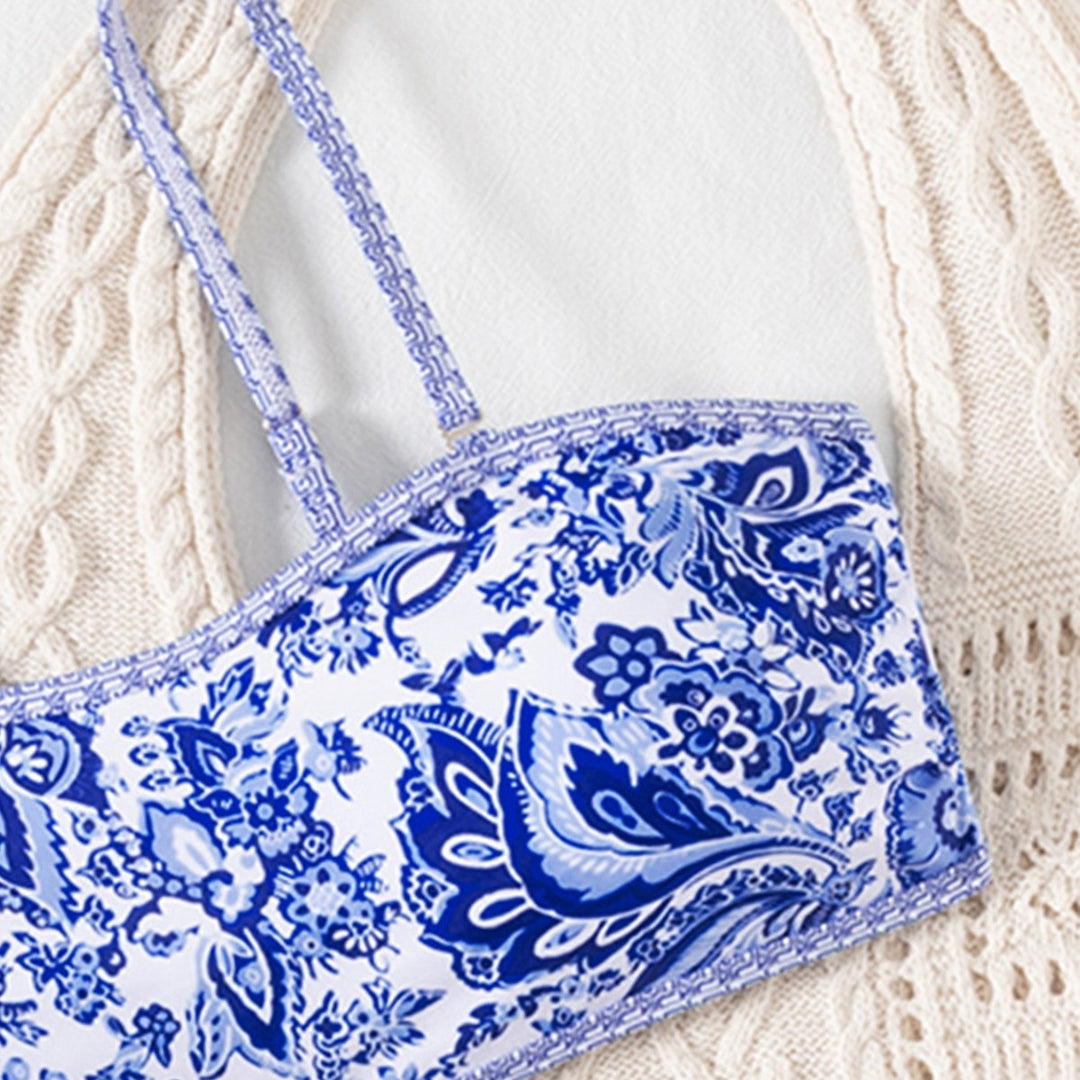 Dame Bandeau Bikini med elegant blomsterdesign og justerbare stropper Skovae