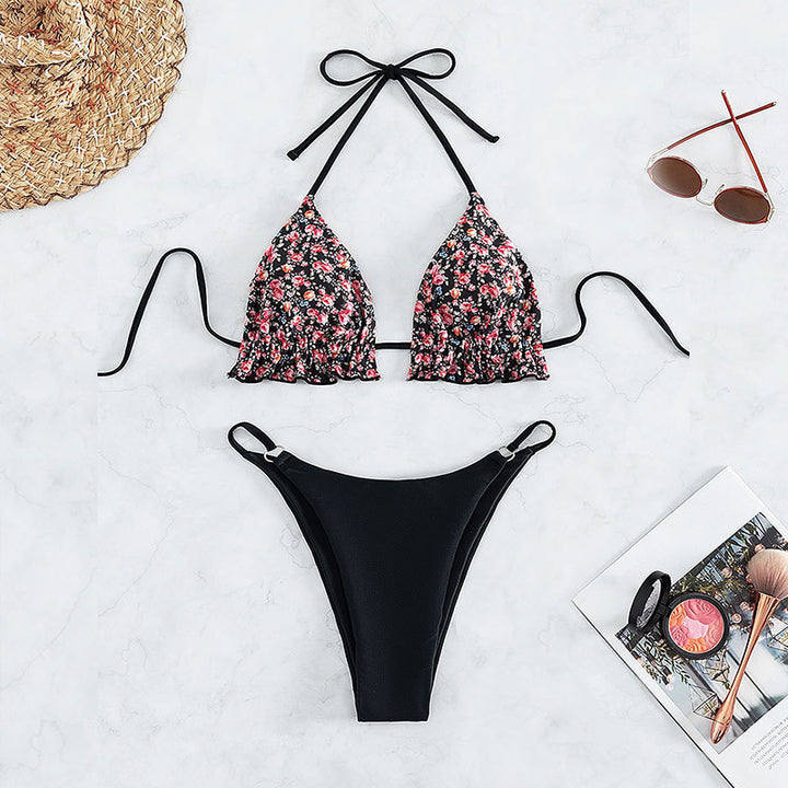 Dame trekant-bikini med blomster-oberteil og højt skåret trusse Skovae