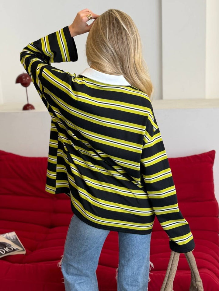 Kvinder stribet bluse sweater med klassisk krave Stilla