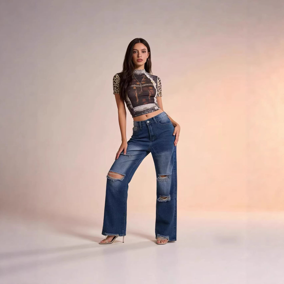 Dame brede jeans med stilfuld destroyed-detail og behagelig pasform Skovae