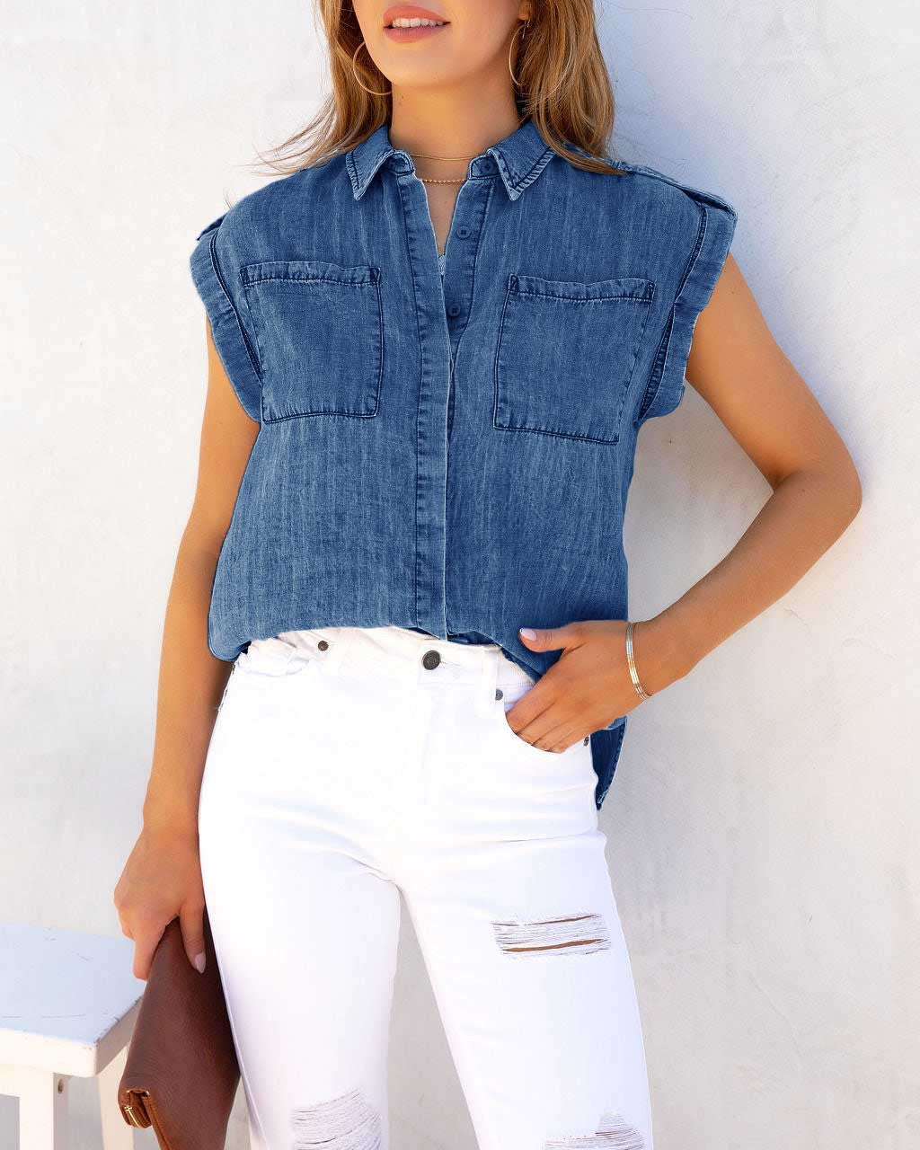 Kvinders kortærmede skjorte bluse i denim-look med brystlommer Stilla