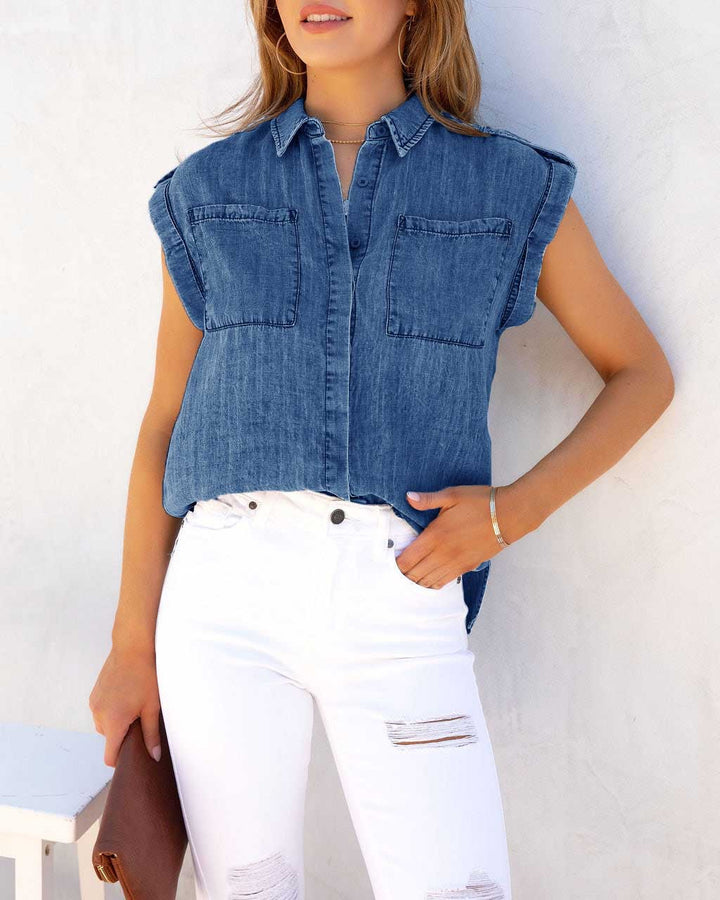 Kvinders kortærmede skjorte bluse i denim-look med brystlommer Stilla