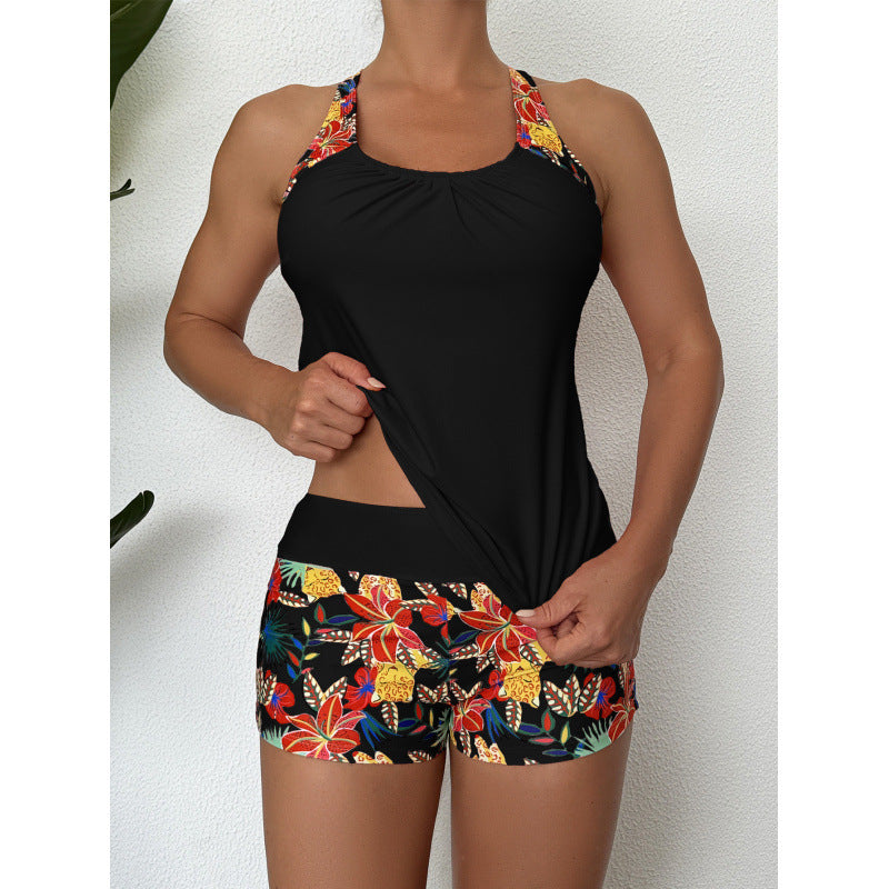 Dame Sporty Badetøjssæt med krydsrygdesign og blomsterprint Skovae
