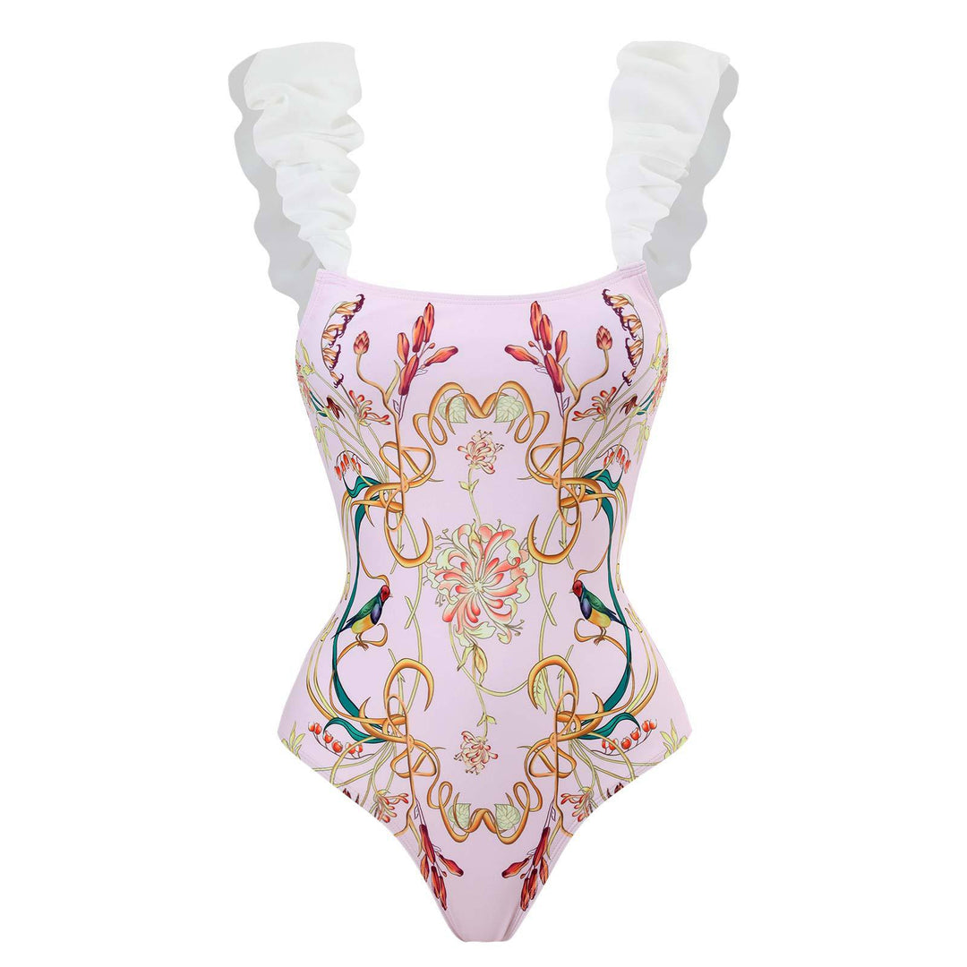Dame bikini kombination med blomstertryk og gennemsigtig indpakningsnederdel Stilla