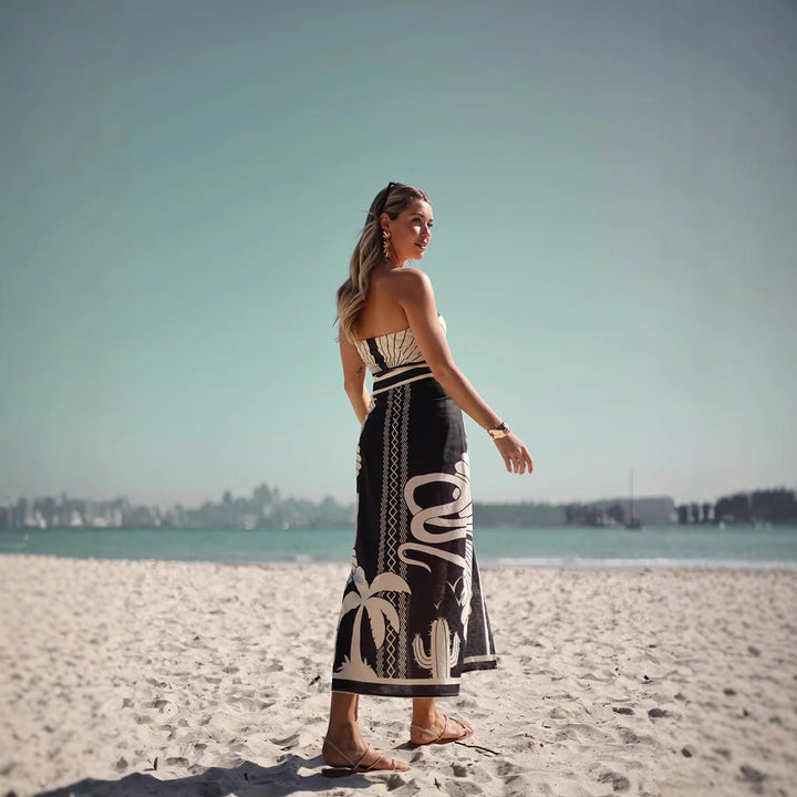 Kvinder bandeau maxi kjole med elegant bladmønster og høj benfrihed