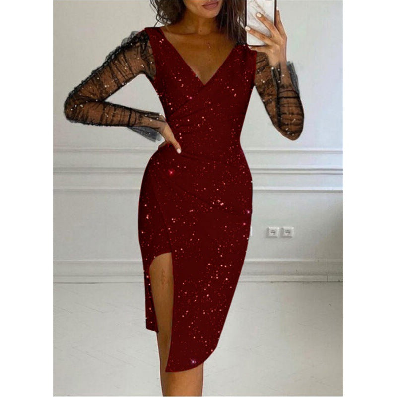 Dame Celestial Print Bodycon Midi Kjole med gennemsigtige ærmer Stilla