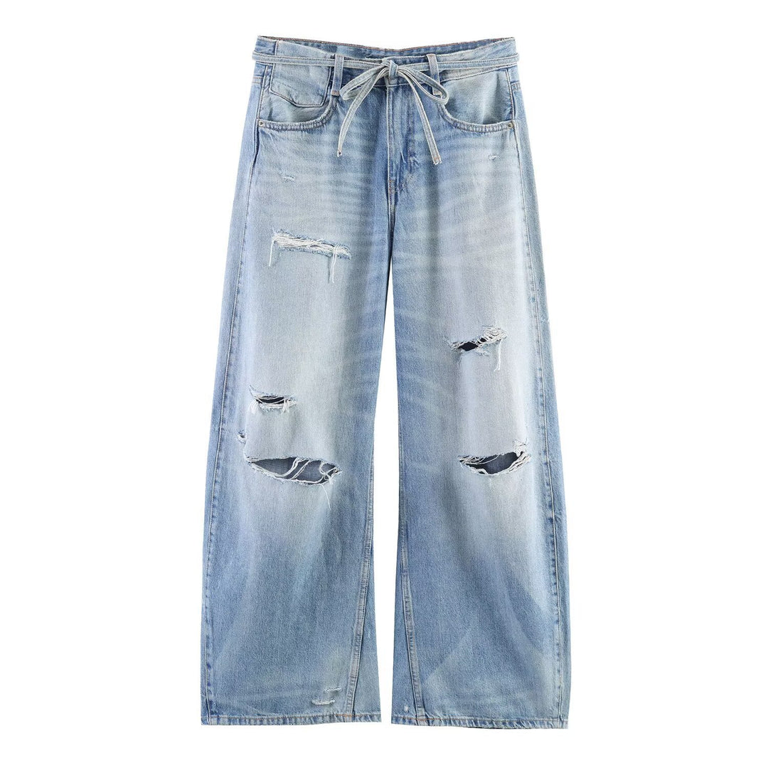 Dame bred jeans i destroyed-look med justerbar talje Skovae