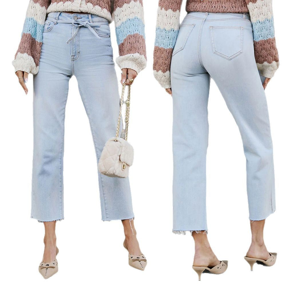 Dame Højtskårne Straight-Leg Jeans med frynsede kanter og bælte Stilla