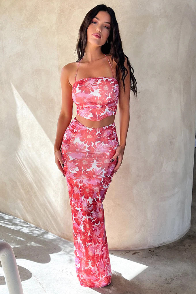 Dame Elegant Crop-Top og Maxiskørt sæt med blomsterdesign Skovae