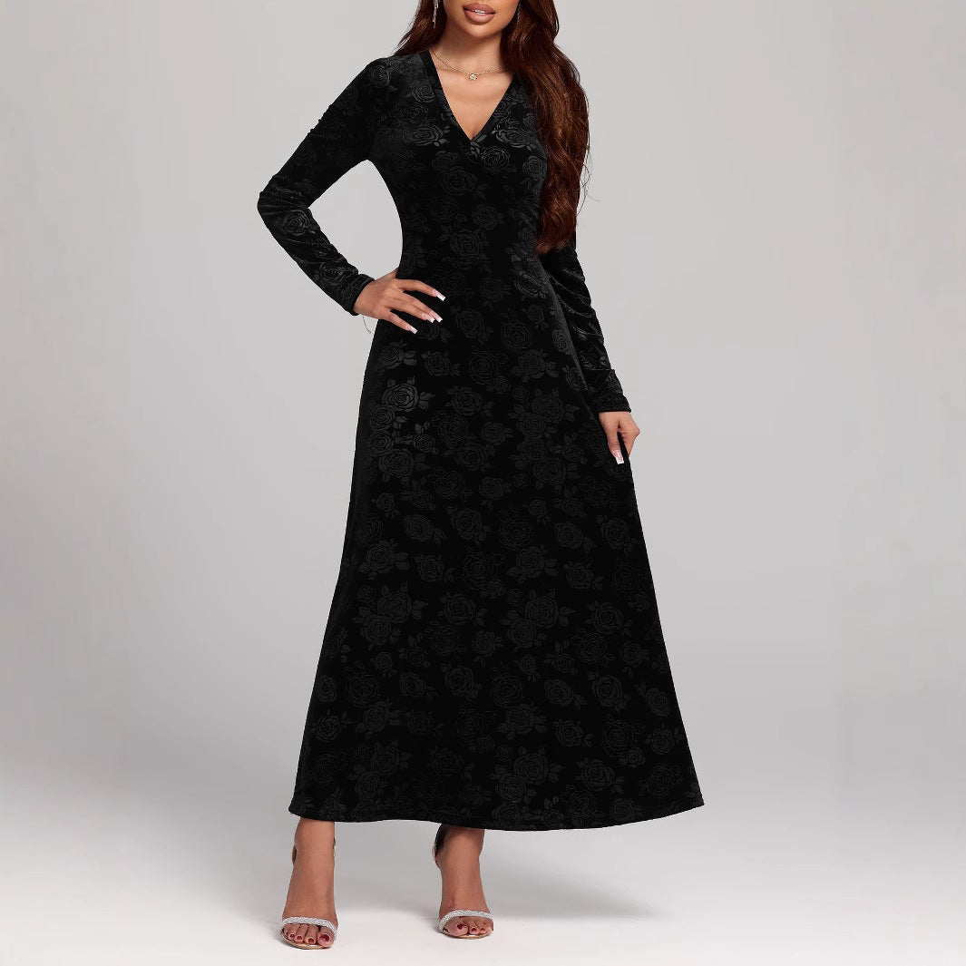 Dame Elegant maxidress i højkvalitets fløjl med lange ærmer og V-hals Stilla
