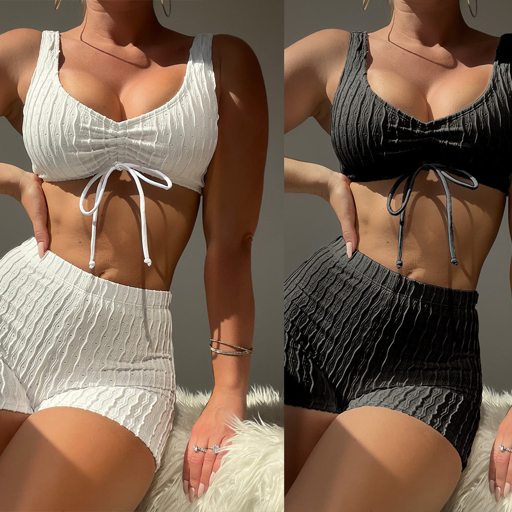 Femme Strik Crop Top og højtaljede Shorts-Sæt Stilla