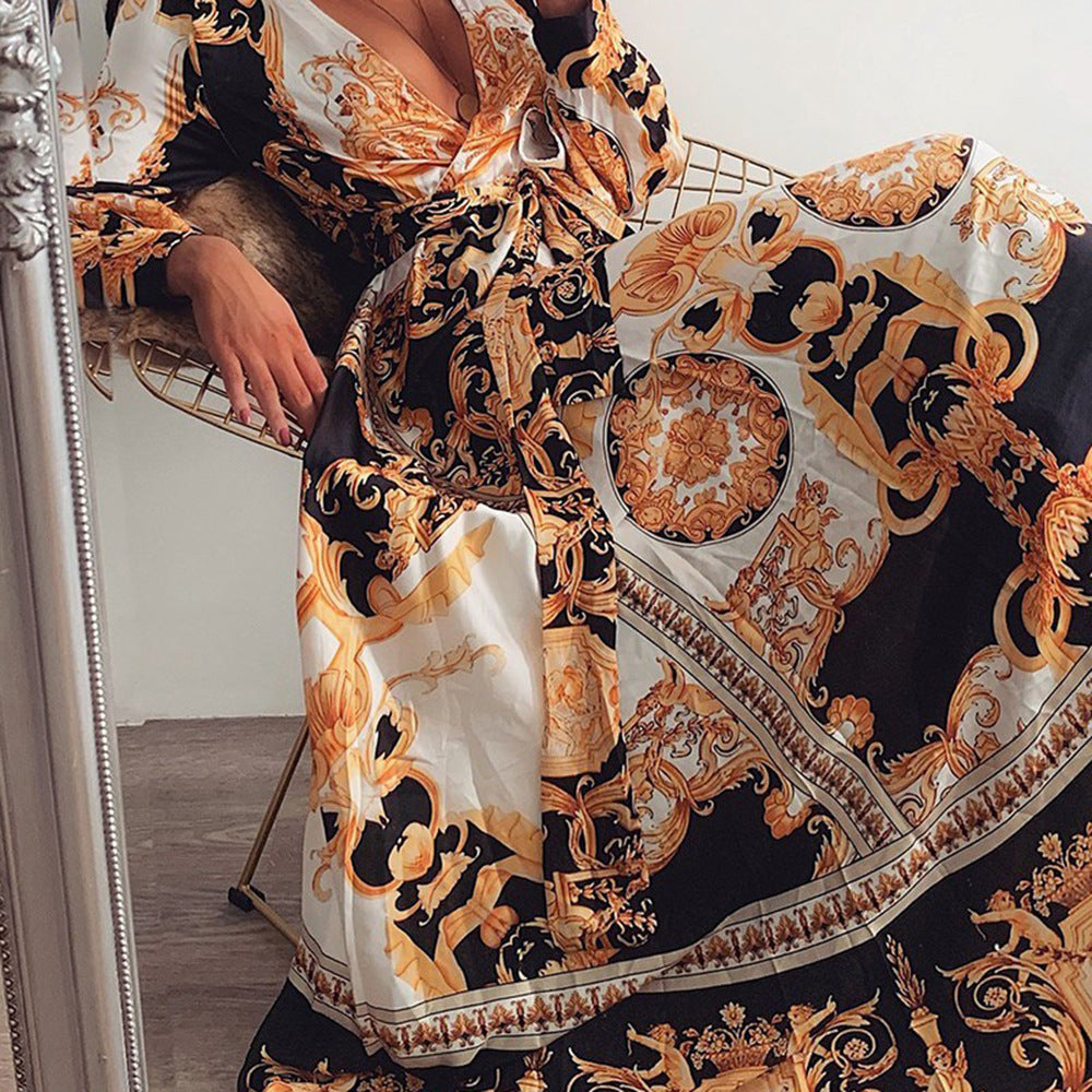 Dame Elegant Maxikjole med detaljeret barokmønster og svajende nederdel Stilla
