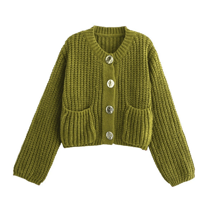 Dame hyggelig strikjakke med dekorative knapper og praktiske lommer Stilla