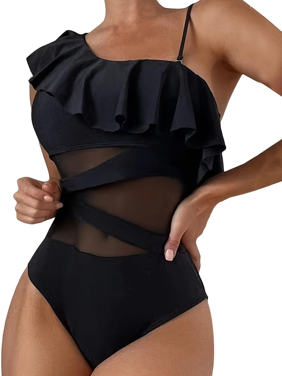 Dame one-piece badesuit med asymmetrisk ruffles design og elegante cut-out detaljer Skovae