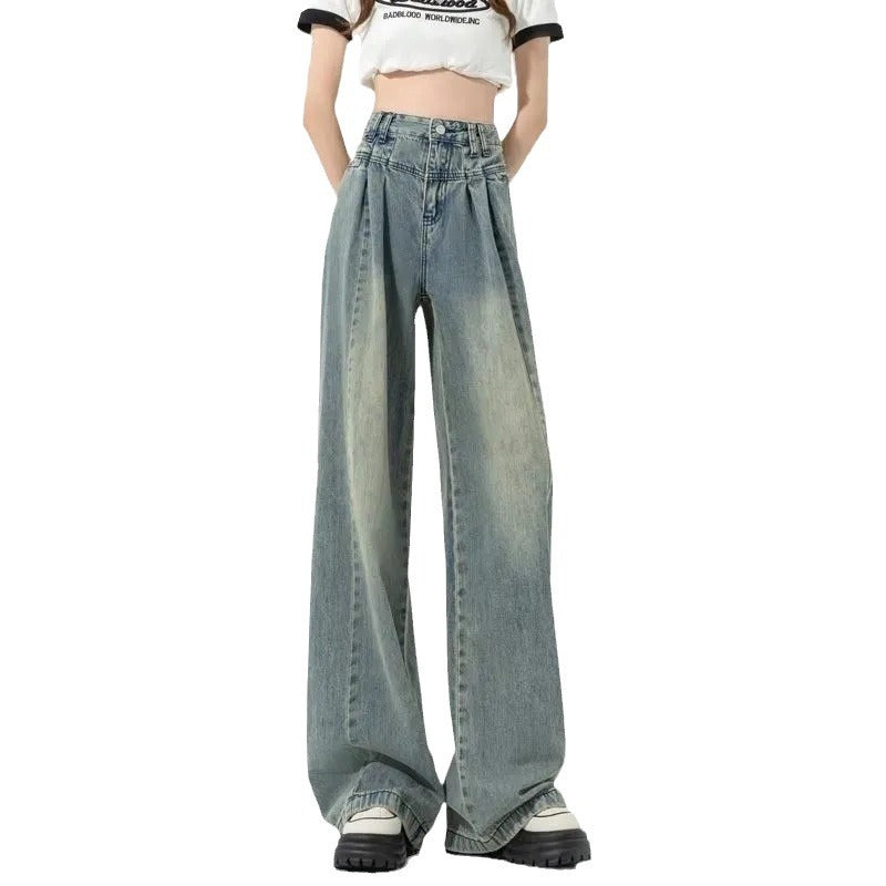 Kvinders højtaljede løse jeans med plisseringer