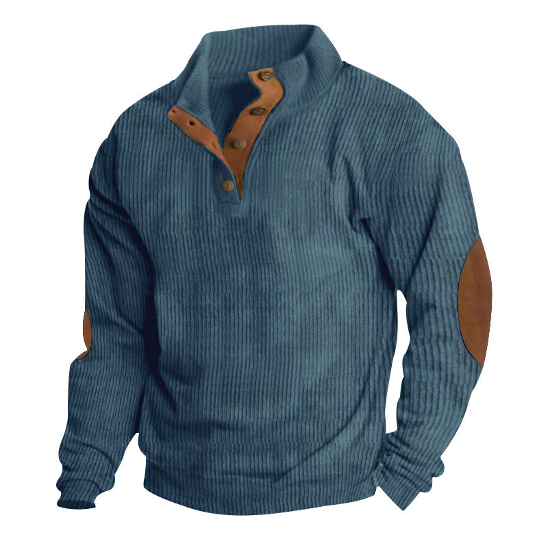 Herren nan ribbet bomuldsblanding pullover med ståkrave, knapliste og læderlook albuelapper Skovae