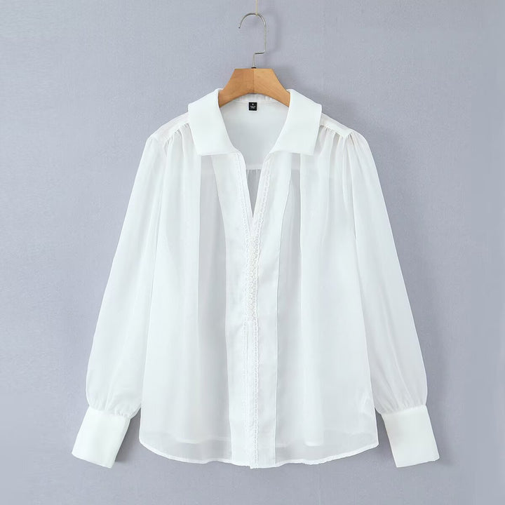 Dame elegant chiffonbluse med raffinerede puffærmer og ædel krave Skovae