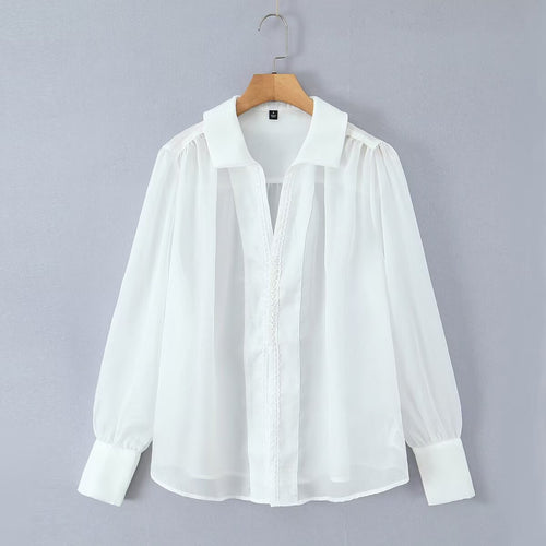 Dame elegant chiffonbluse med raffinerede puffærmer og ædel krave Skovae