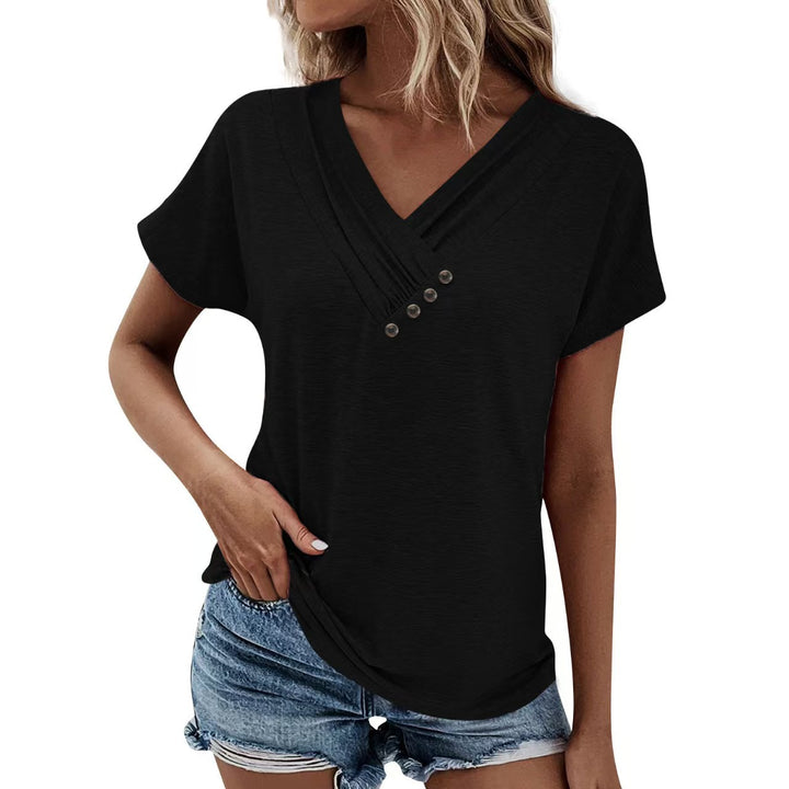Dame T-shirt med V-udskæring og moderne knapper Stilla