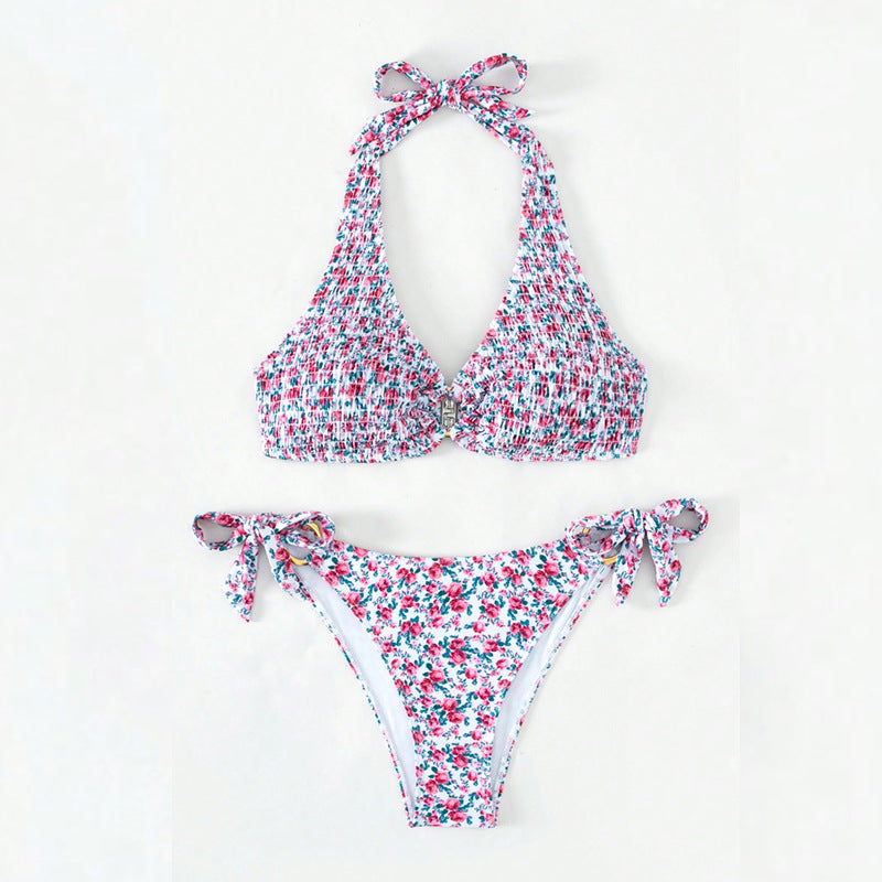 Dame triangel-bikini med legesygt blomsterdesign og komfortable sløjfer Skovae