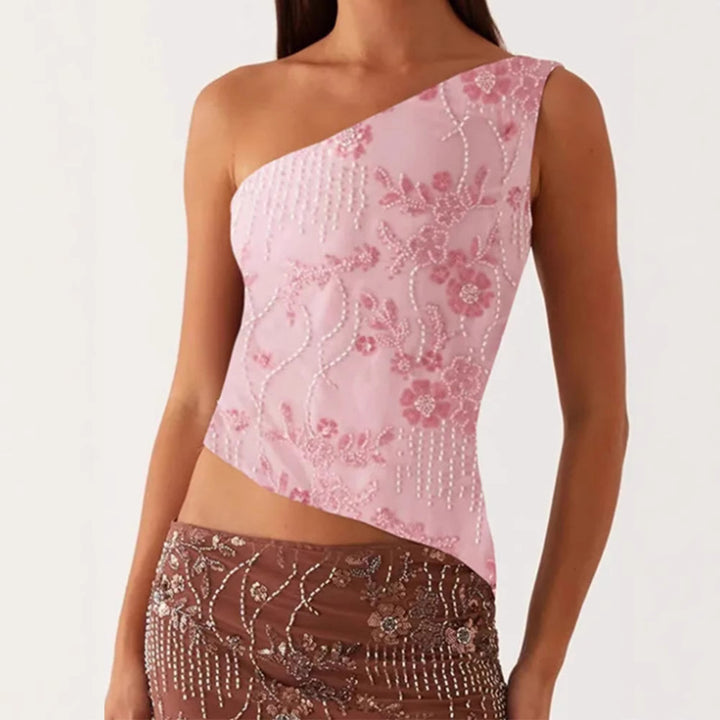 Kvinders asymmetrisk top med blomstret rhinestones design Skovae