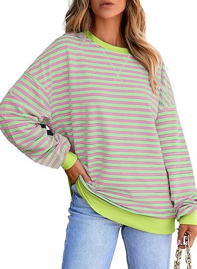Dame stribet sweatshirt med farvematchende kant og afslappet snit Stilla