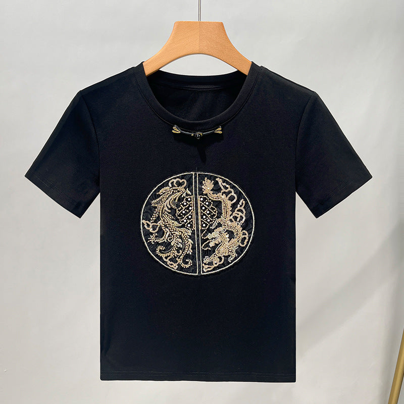 Dame T-shirt med kunstnerisk dragebroderi og elegant ståkrave Stilla