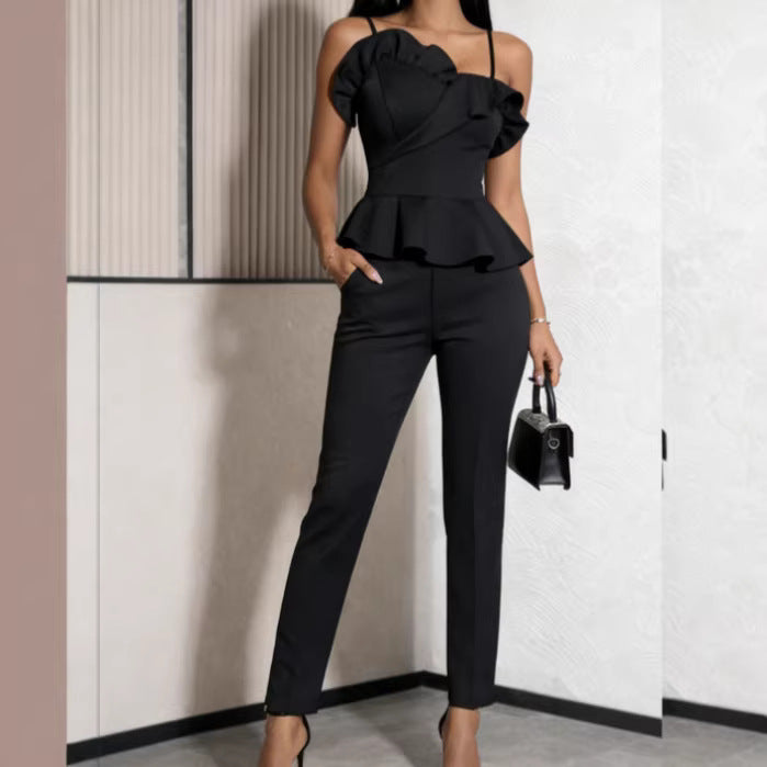 Dame elegant jumpsuit med asymmetrisk overdel og flæsedetaljer Skovae