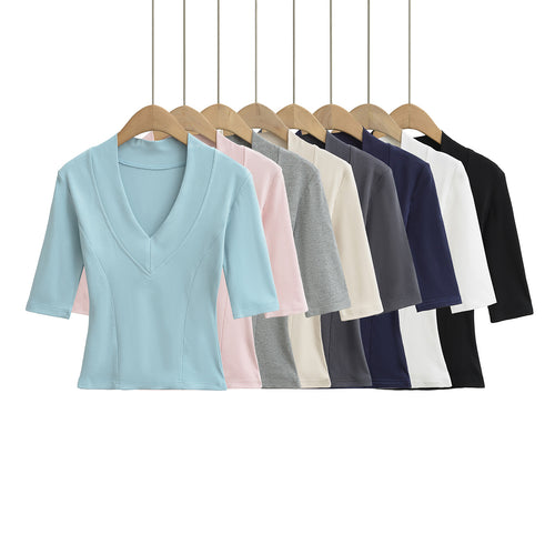 Dame elegant bluse med dyb V-hals og korte ærmer Stilla