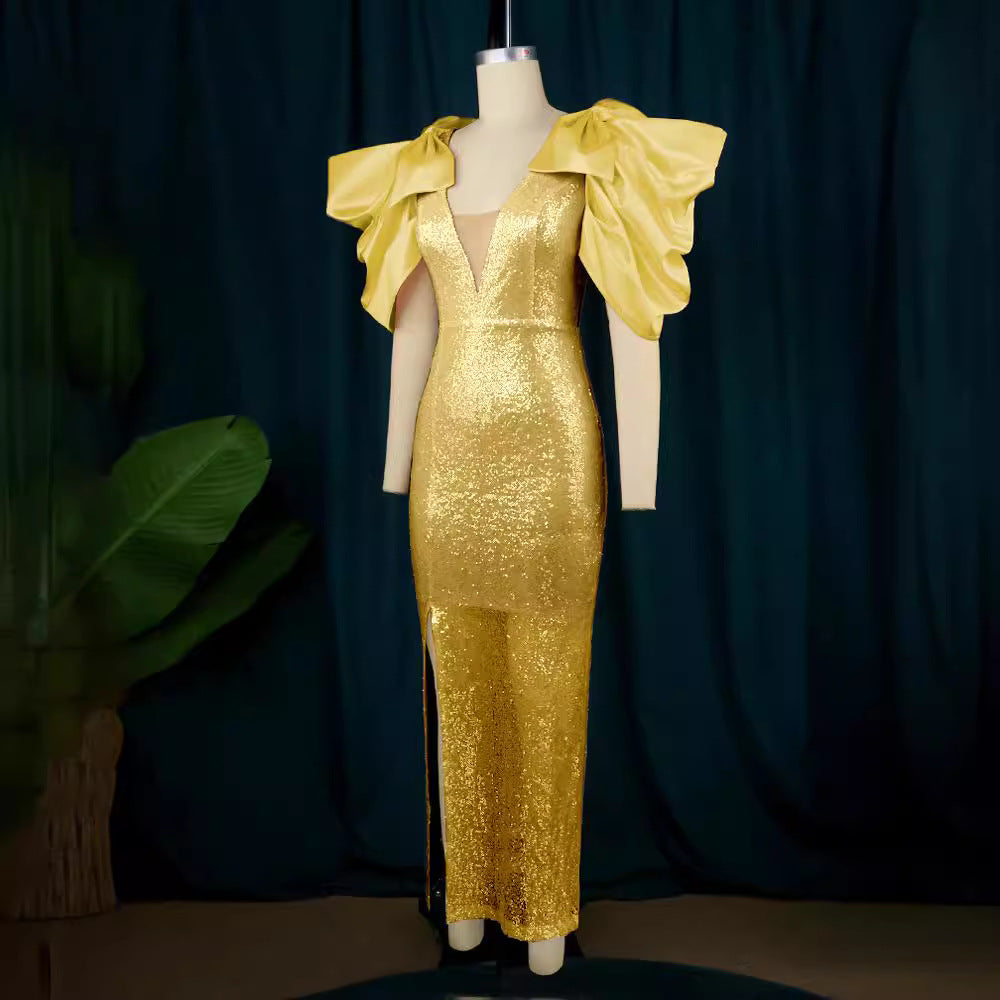 Dame Figurtilpasset glamourkjole med skimrende stof og voluminøse ærmer Skovae