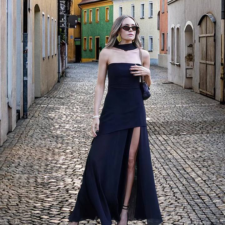 Dame elegante maxi kjole med asymmetrisk snit og stilfuld slids