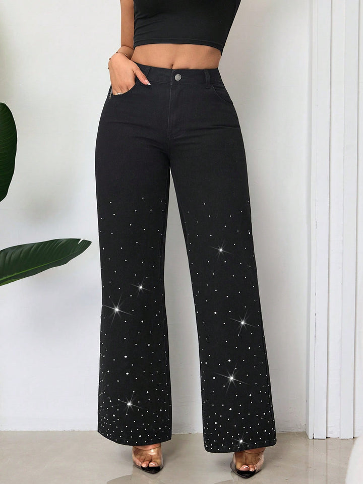 Kvindernes højtaljede jeans med glitrende rhinestones og bred pasform Stilla