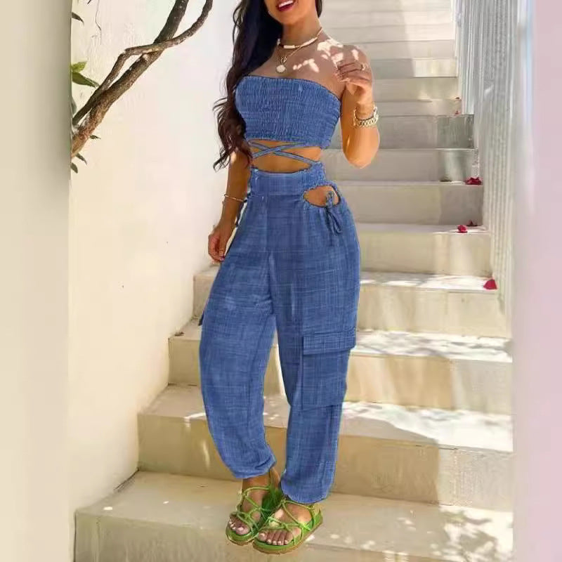 Dame Moderne To-delt bestående af Crop Top og Cargo-Bukser Skovae