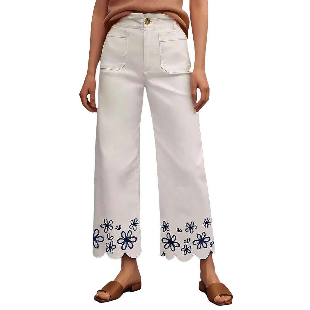 Dame Bred Culotte-Jeans med broderet blomsterdesign Skovae