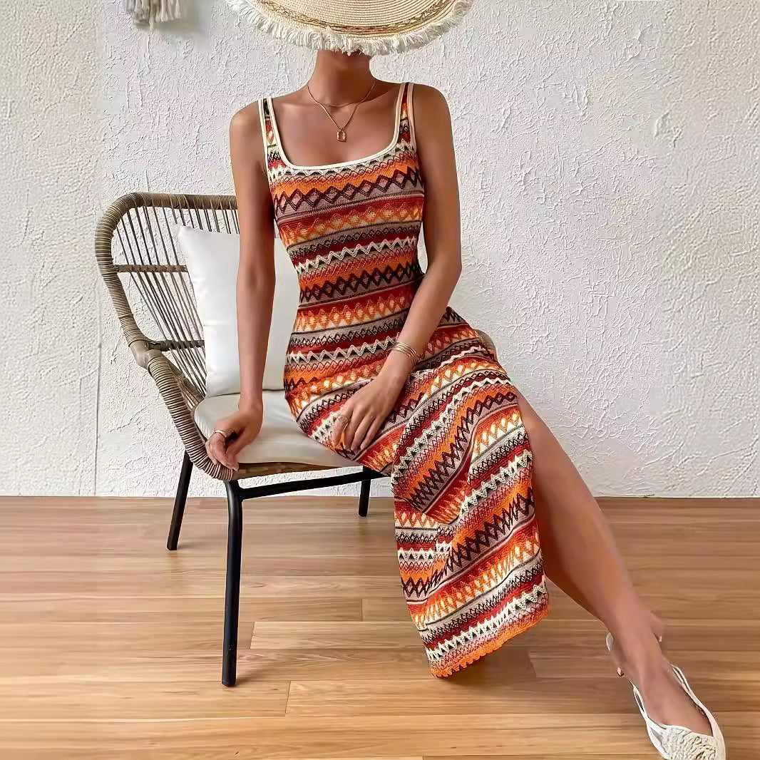 Dame maxikjole i tribal-inspireret design med sidelids Stilla