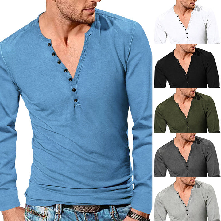 Herrer nan tætsiddende langærmet Henley shirt med kort knaplukning lavet af strækbomuld Skovae