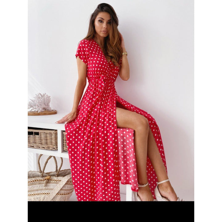 Dame Polka Dot Maxi Kjole med Sideslids Stilla