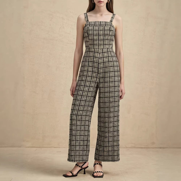 Dame jumpsuit med brede bukseben og fint ternet mønster Skovae