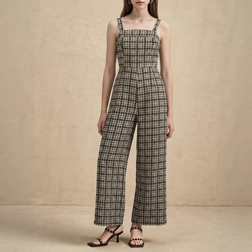 Dame jumpsuit med brede bukseben og fint ternet mønster Skovae